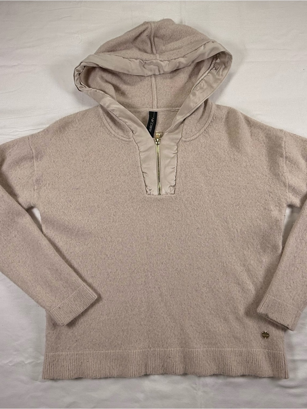 Marc Cain Beige Hooded Wool Sweater with Gold Zip Accent